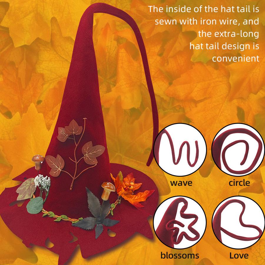 Украшения для вечеринки, Шляпа ведьмы на Хэллоуин, Шляпа ведьмы, Шляпа с красными листьями, Вечеринка на Хэллоуин, Войлочная остроконечная шляпа, Войлочный материал, Реквизит для косплея
