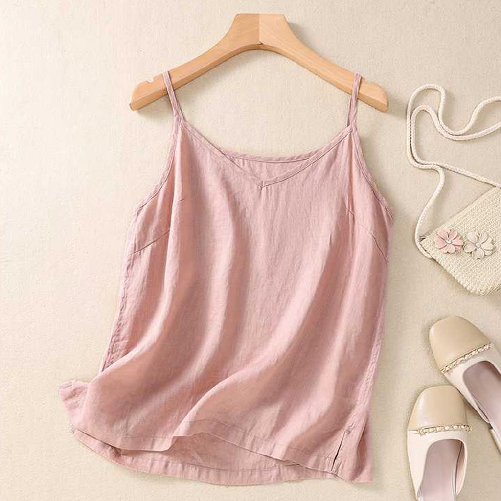 Женский топ-майка с V-образным вырезом и безрукавкой из хлопка и льна
