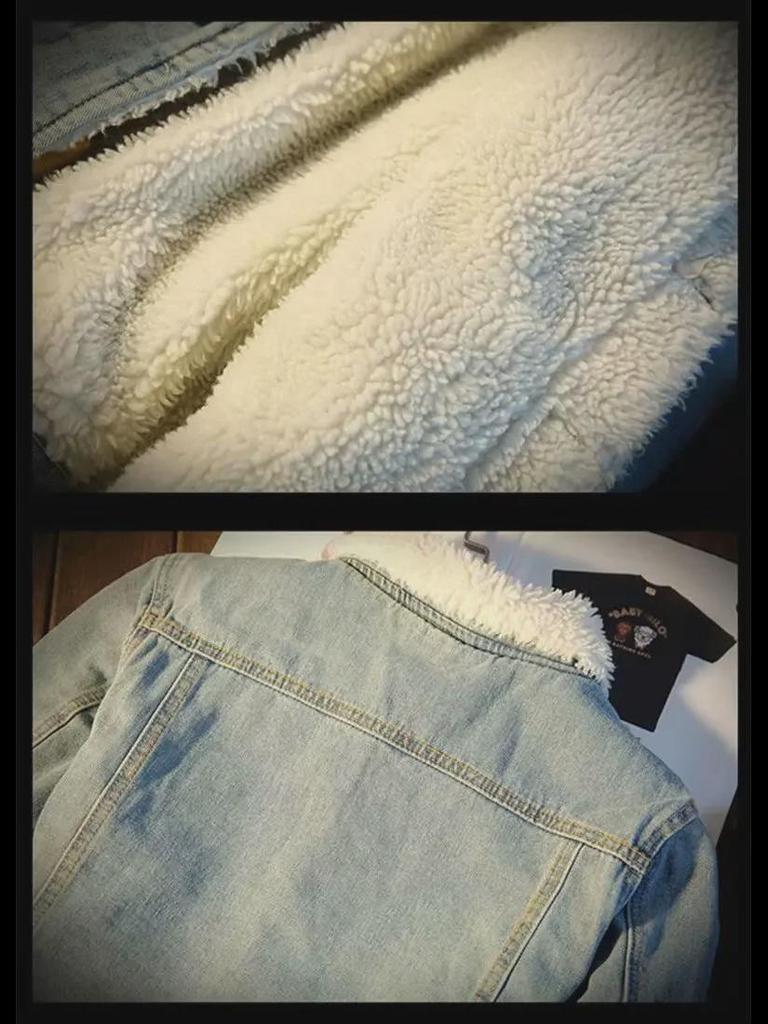 Men's Trendy American Retro Velvet-Lined Denim Workwear Jacket