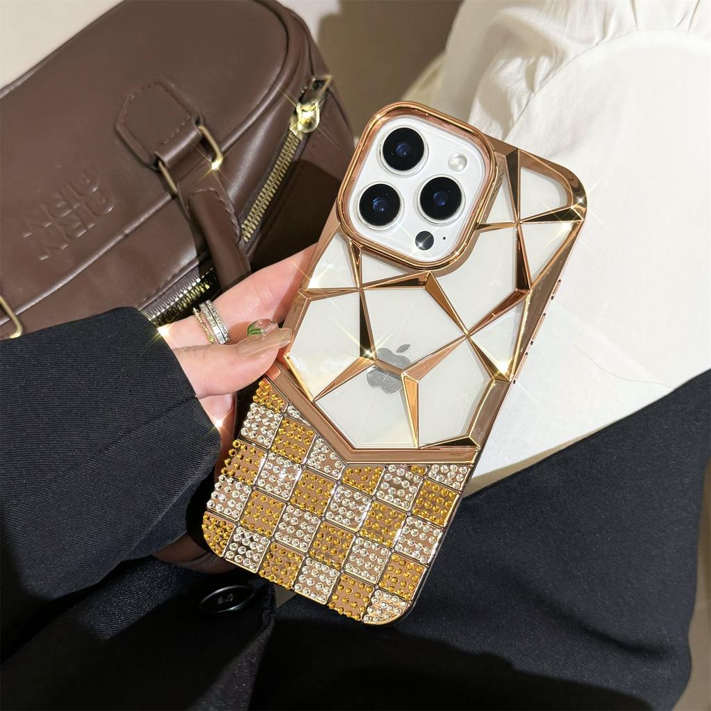 Для iPhone 16 Pro Чехол Геометрический ромбовидный узор Декор стразами Гальваническое покрытие ТПУ Чехол для телефона