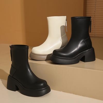 Осень и зима Новые однотонные модные сапоги на высоком каблуке с круглым носком и квадратным каблуком Элегантные сексуальные темпераментные женские сапоги