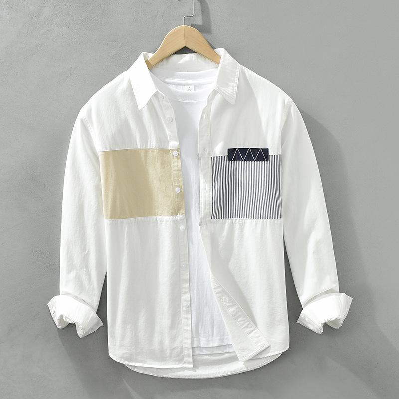 Весенние и летние белые рубашки с длинным рукавом для мужчин, уличные полосатые рубашки в стиле пэчворк, мужские повседневные топы из чистого хлопка, молодежная модная мужская одежда