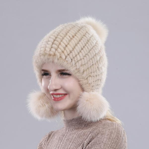 Women Winter Thick Real Mink Fur Hat with Fox Fur Pompoms Knitted Natural Fur Cap Lady Outdoor Warm 100% Real Mink Fur Hats