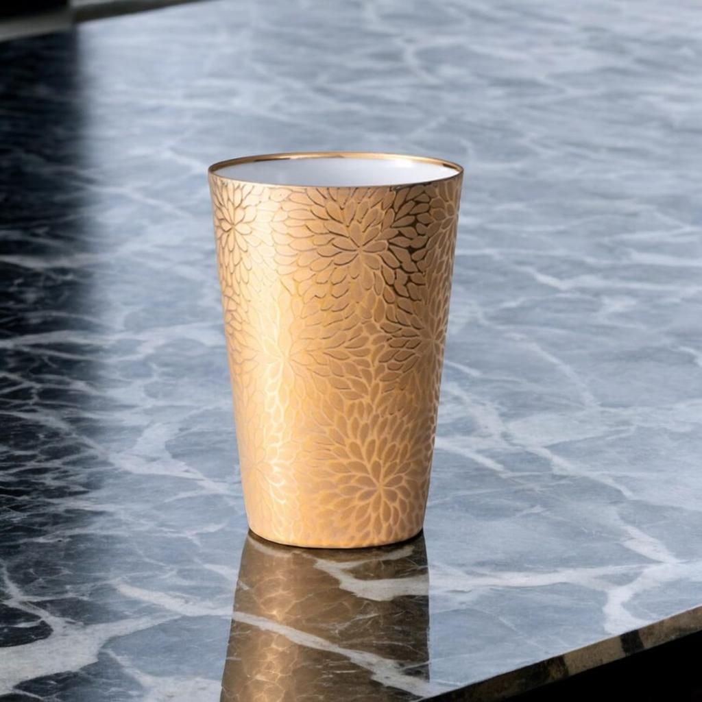Transparent Chrysanthemum Wooden Made in Japan J-kitchens Ultra-Thin Tumbler, Gold, Design, Box, 370ml,