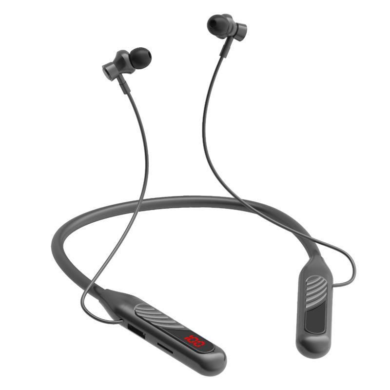 Беспроводные Bluetooth спортивные наушники-ожерелье BT-8 со слотом для карты, аккумулятором большой емкости, цифровым дисплеем и функцией шумоподавления.
