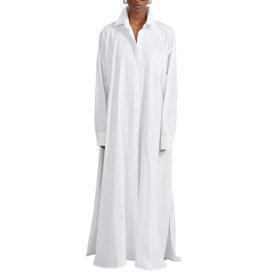 Женское платье-рубашка с лацканами, длинным рукавом, боковым разрезом, повседневная рубашка, однотонное платье макси с застежкой на пуговицы, повседневная одежда