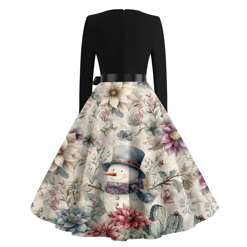 Женское рождественское платье с принтом, повседневное и модное, с V-образным вырезом и длинными рукавами