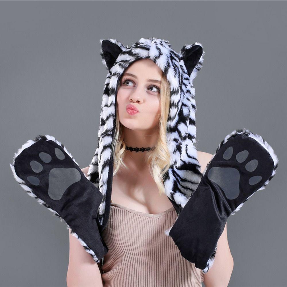 Warm Scarf Gloves Hat Set Fluffy Plush Plush Hooded Windproof Animal Hat Children