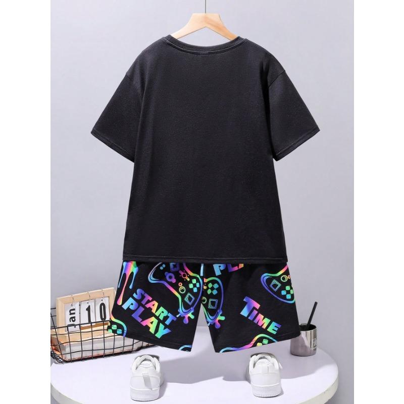 Повседневный и модный комплект из трикотажной футболки с коротким рукавом и шорт для мальчиков-подростков с принтом игровой консоли-ночника