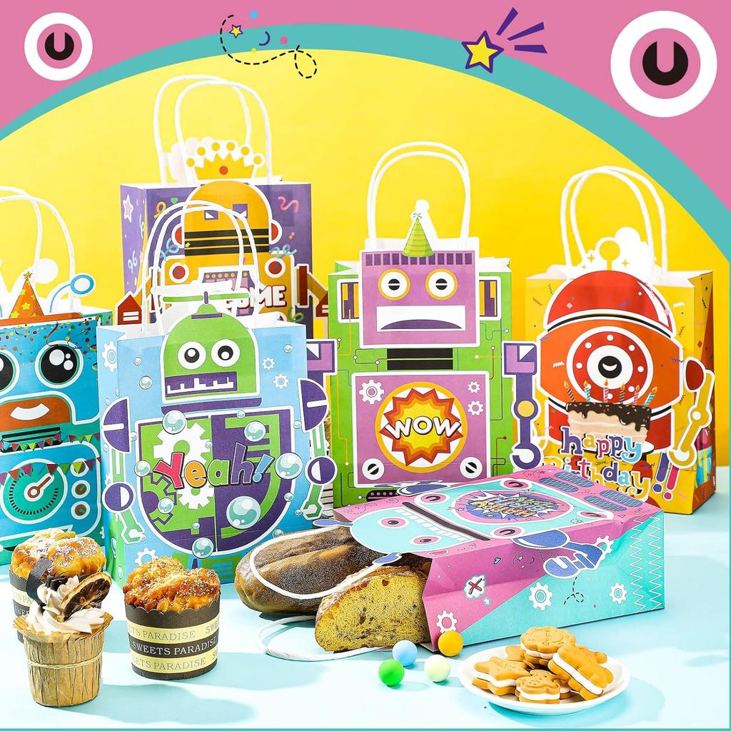 24 Pcs Robot Party Supplies Candy Gift Bags, Robot Goodie Gift Treat Bags, Kids Candy Treat Bags with Handle for Robot Themed Birthday Party