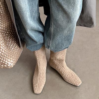 2,5 см квадратный носок вязаный рукав сигаретные ботильоны 2025 осень и зима новый квадратный носок низкий каблук темпераментные маленькие короткие ботильоны на одной педали