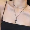 Gothic Black Rhinestone Cross Jesus Pendant Choker Necklace for Women Punk Vintage Double Layer Chain