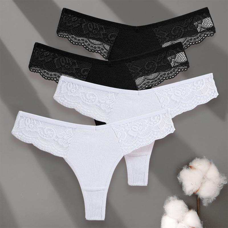 4PCS/Set Sexy V-Waist Women Cotton G-string S-XL Lace Lingerie Panties Thongs Femme Underwear Girls Underpant Intimates