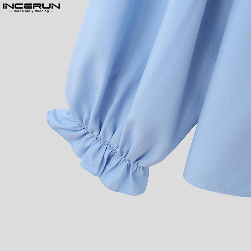 INCERUN Men Elegant Ruffled Neck Shirts Casual Bow Knot Long Sleeve Tops