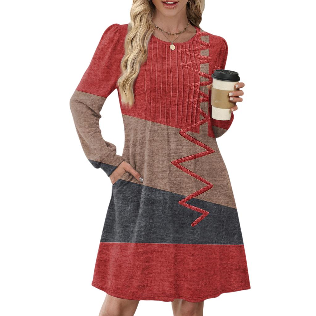 Женское повседневное платье с длинным рукавом, плиссировкой, круглым вырезом, винтажным цветочным принтом и карманами