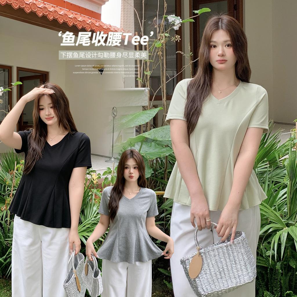 Large size women's clothing fishtail waist front shoulder short-sleeved T-shirt 2026 summer thin meat cover V-neck top 234552