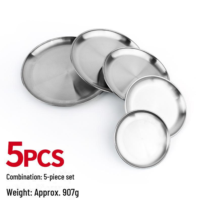 Прочный набор из 5 круглых тарелок из нержавеющей стали: Ужин, Фрукты, Пикник, Барбекю, Термостойкий