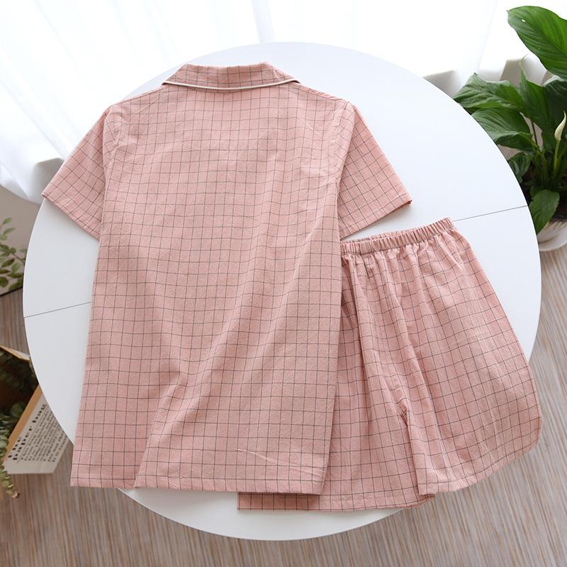 Летняя пижама из двух частей для женщин, простая домашняя одежда в клетку с короткими рукавами