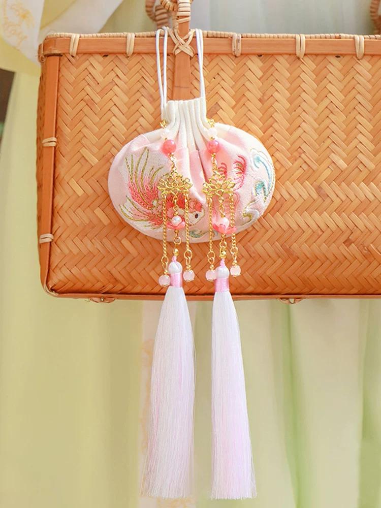 Qixi Festival Empty Sachet Bag, Ancient Style Portable Hanfu Accessory, Tassel Pouch, Embroidered Mugwort and Osmanthus Mosquito-Repellent Sachet