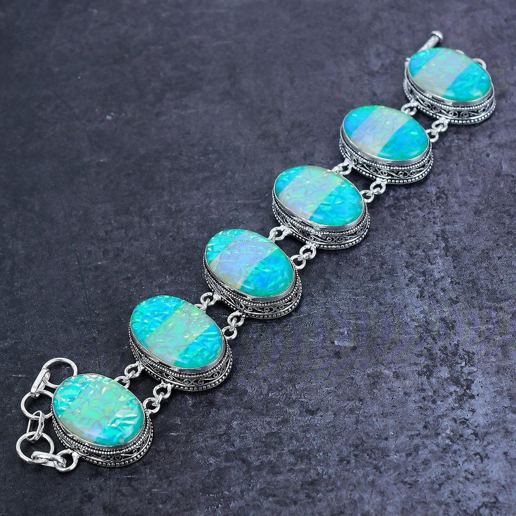 Браслет ручной работы из серебра 925 пробы с зеленым опалом и драгоценным камнем 7-8 дюймов U9g37