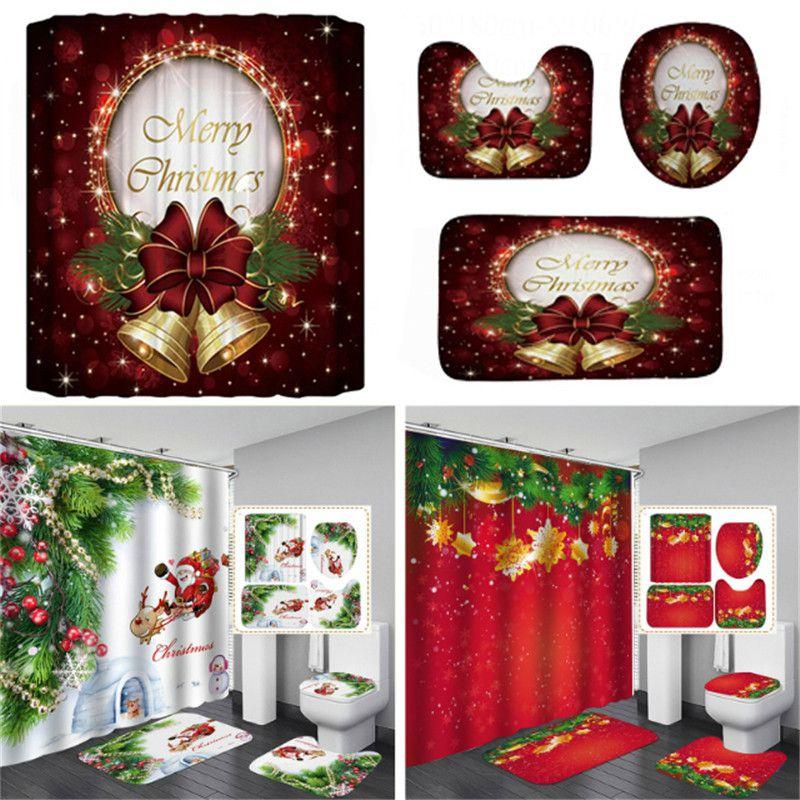 Festive Christmas Shower Curtain And Bathroom Mat Set With Waterproof Material