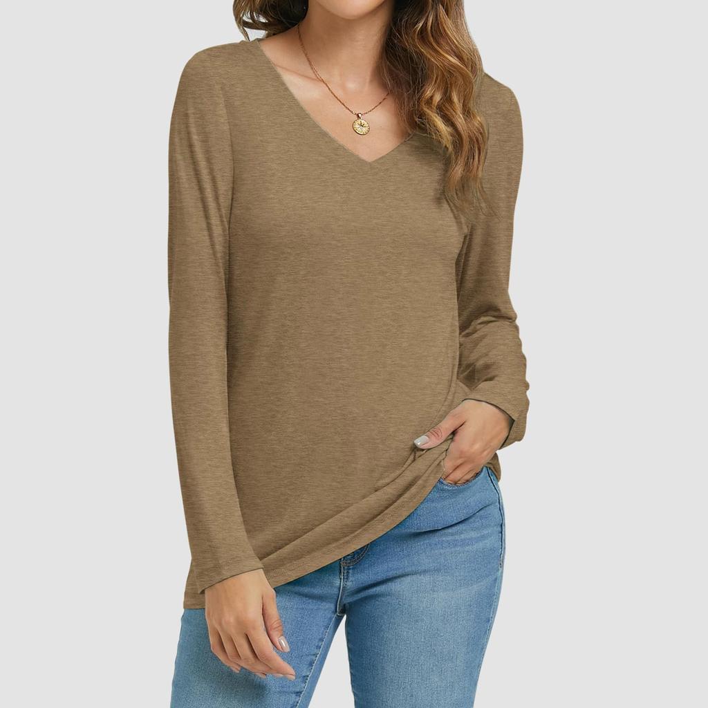 Womens Long Sleeve V Neck Shirts Basic Tee Casual Top Fall Trendy Tunic Outfits Fitted T Shirts