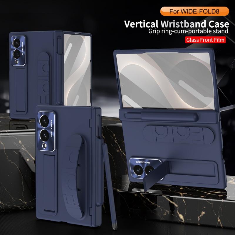 Hinge Elastic Wristband Stand Protection Armor Pen Slot Case for Samsung Galaxy Z Fold8 / 8 Ultra with Tempered Glass Sytlus Pen