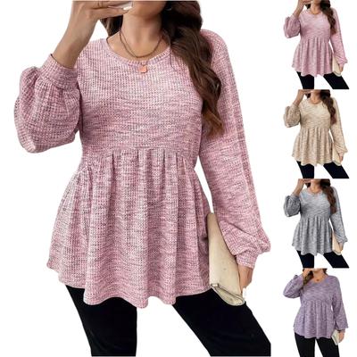 Женская мода больших размеров, футболка-пуловер с круглым вырезом, однотонная, с длинными рукавами и оборкой по низу