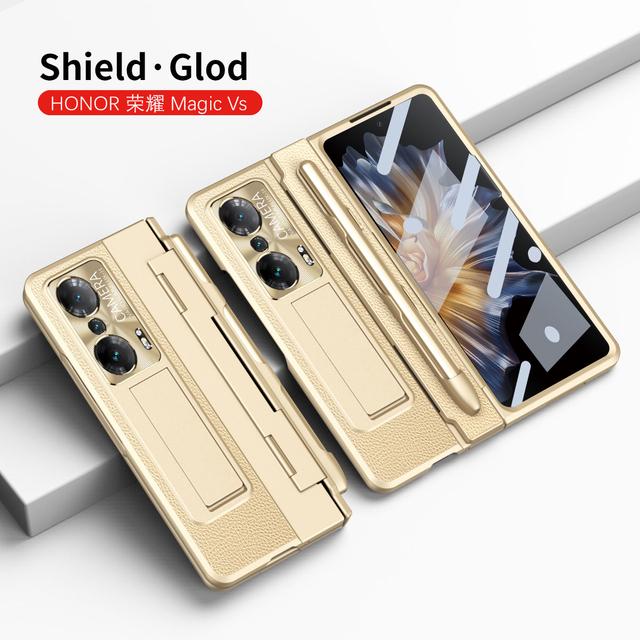For Honor Magic Vs Case Plating Leather Hinge Pen Holder Hard Bracket Cover For Magic Vs Funda With Glass Flim