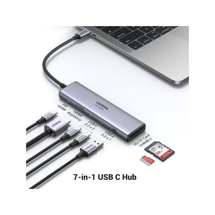 Хаб USB-C Ugreen Revodok 7-в-1 HDMI 4K60Гц 2xUSB-C3.2 USB-A3.2 SD/TF PD100W Серый