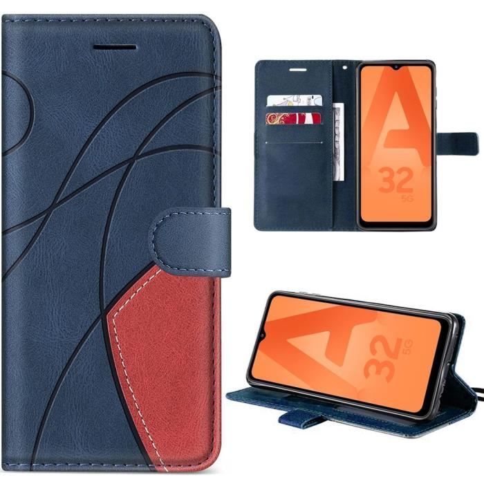 Protective Case - BOOLING - for Samsung Galaxy A32 5G - Shockproof - PU Leather - Two-Tone Spliced Navy Blue/Red
