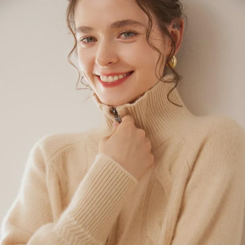 Женский кашемировый кардиган с лацканами, застежкой-молнией и узором в виде перекрученного цветка