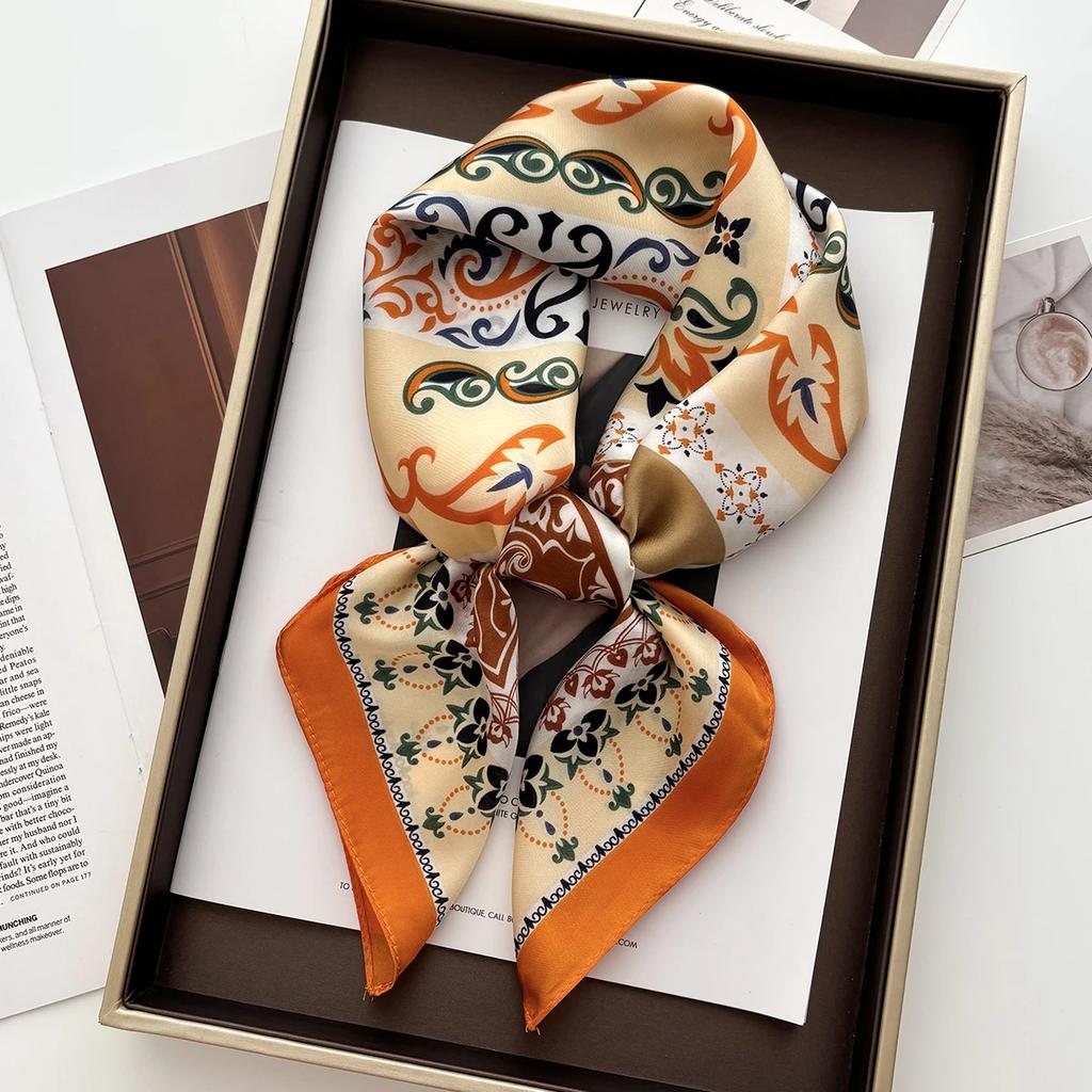Floral Print 70cm Satin Headkerchief Women Luxury Design Neck Tie Scarf Female Hair Hand Wrist Foulard Shawl Hijab Bandana New