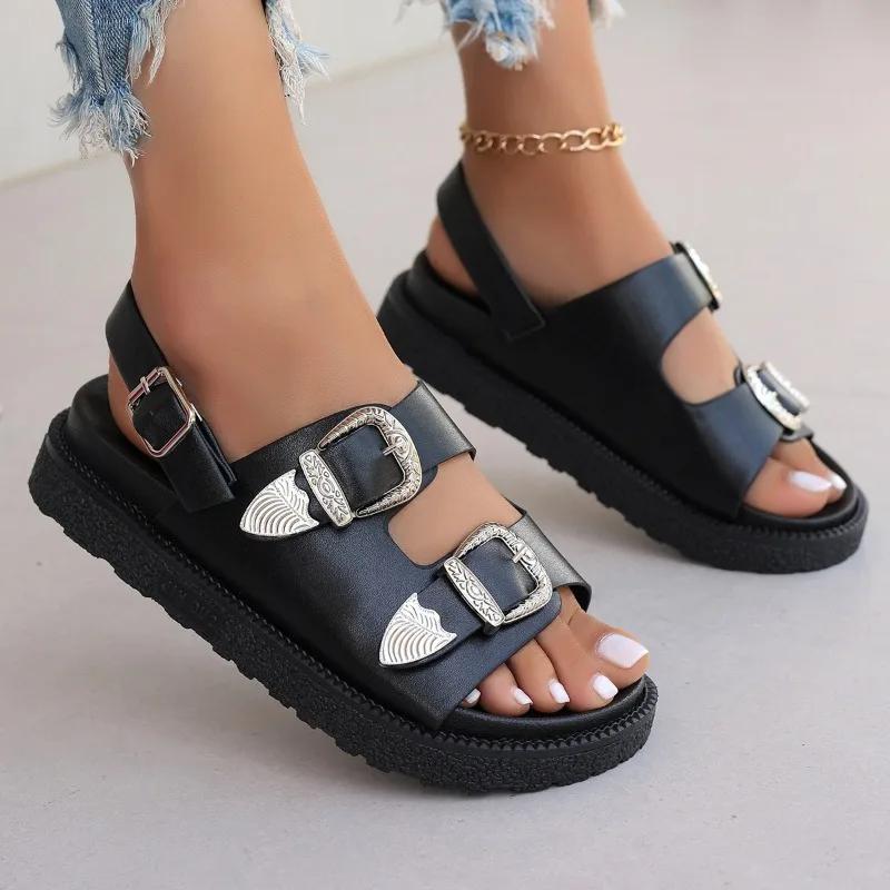 Мода 2025 Обувь больших размеров Женская с открытым носком Женские сандалии Платформа Повседневные сандалии Женские С круглым носком Ремешок с пряжкой Обувь на среднем каблуке Женская