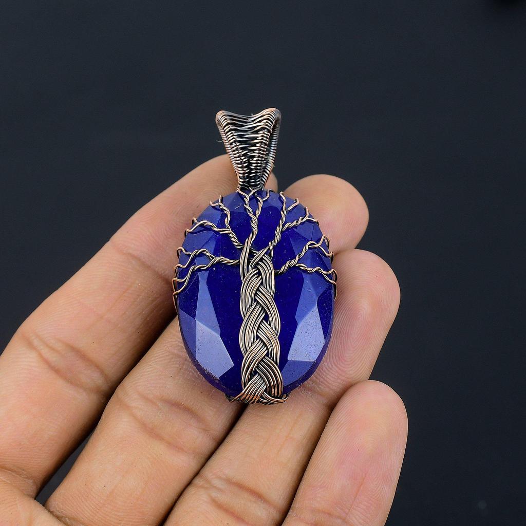 Кулон с синим сапфиром, Кулон с драгоценным камнем ручной работы, Кулон, обернутый медной проволокой 999 пробы, Антикварное украшение, Для подарка на помолвку