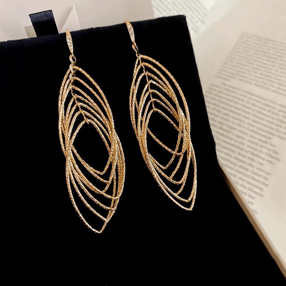 Exquisite Oval Hollow Long Tassel Dangle Earrings Gold Silver Exaggerated Ear Hook Light Luxury Ear Drop Ear Clip Women