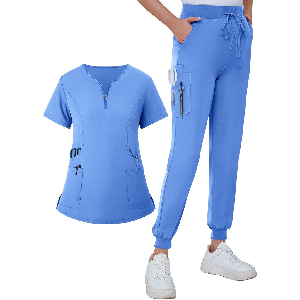 Женская летняя свободная униформа с V-образным вырезом на молнии с карманами и короткими рукавами