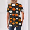 Women V Neck Short Sleeve T Shirt with Decorative Buttons Halloween Pumpkin Printed Casual Loose Fit Top for Daily Wear