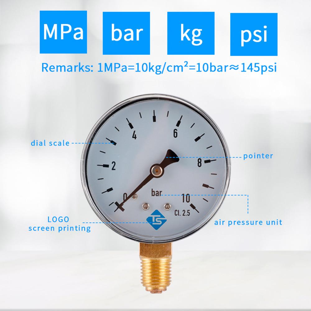 TS-60-10bar 60mm Dial Pressure Gauge 0-10 Bar Water/Gas/Air Pressure Measurement Tool with 1/4 NPT Bottom Mount