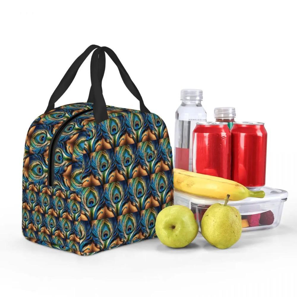 Colorful Peacock Feather Insulated Lunch Bag for Women Kids Portable Food Boxes Thermal Lunch Box Tote