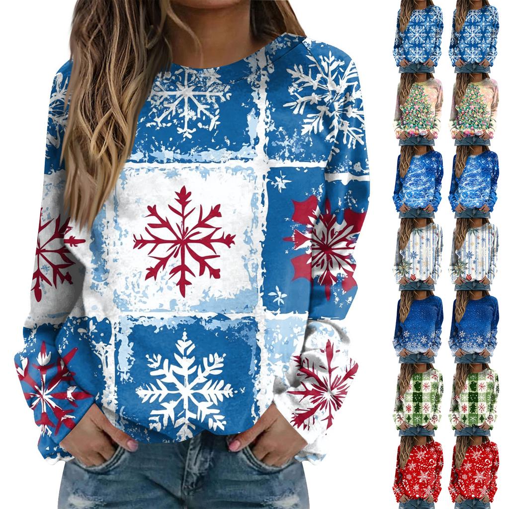 Women's Fashion Casual Long Sleeve Christmas Printed Neck Sweatshirt Top