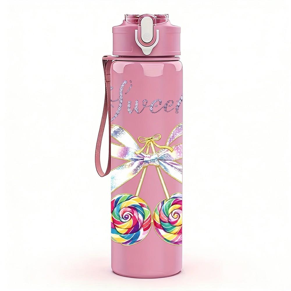 1PC Sweetie Bow Ribbon Decor Print 750ml Color Plastic Sports Water Bottle Leakproof Flip Straw Lid Suitable for Sports Office Home Use