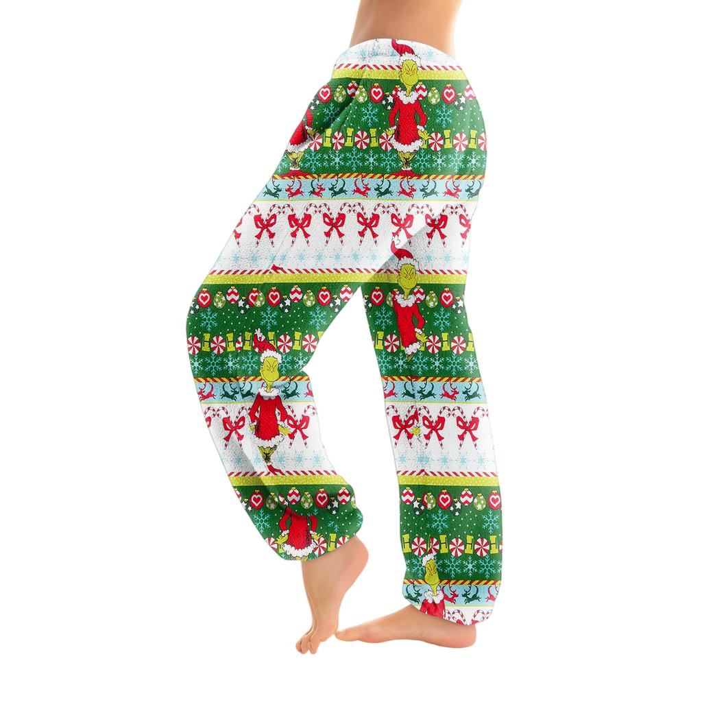 Women's Christmas  Print Trousers With Drawstring Cuffs Casual Pants And Pajamas