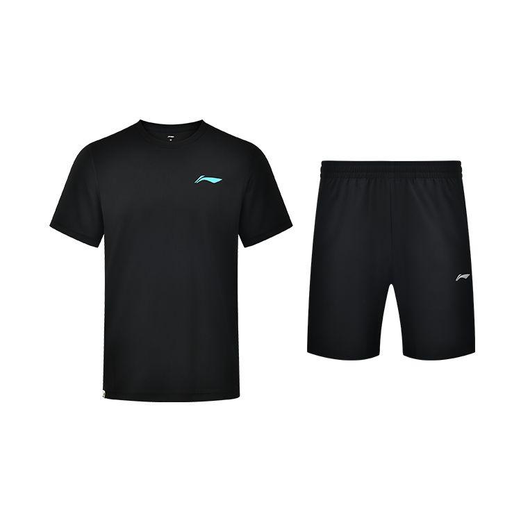 Li-Ning Однотонный дышащий тренировочный спортивный комплект из футболки с коротким рукавом и шорт, мужской комплект черного цвета AHST347-1+AKSS437-1