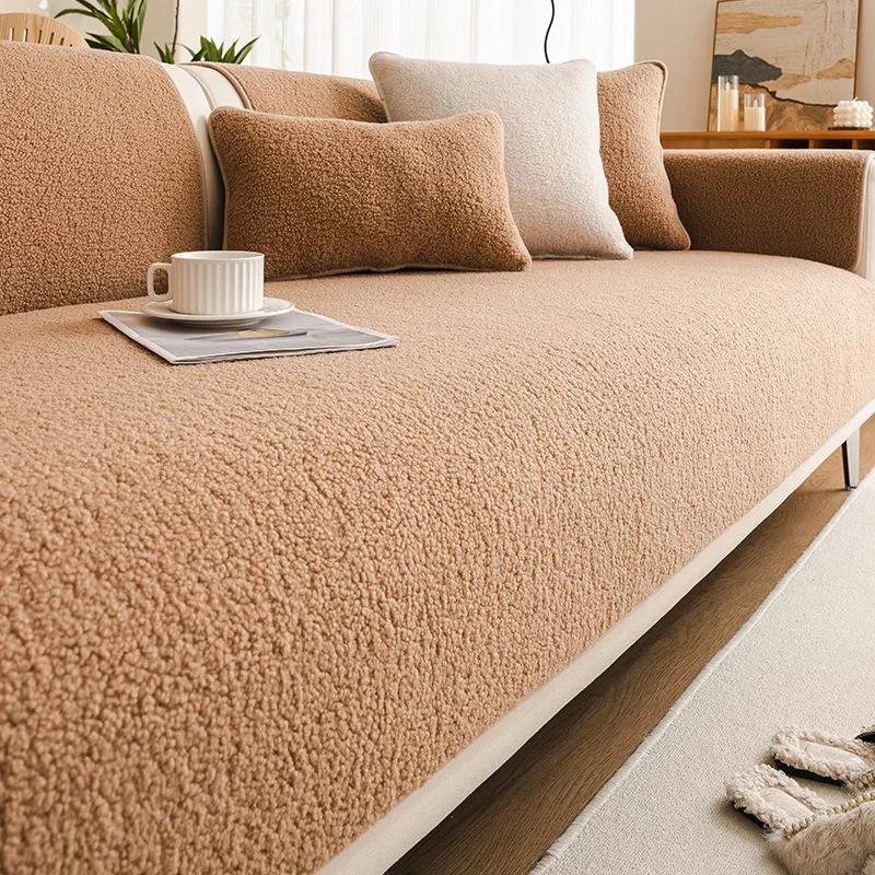 New Sofa Cushion Winter Lamb Wool Plush Thick Anti Slip Sofa Cover Universal Cloth Towel Cushion Backrest Machine Washable
