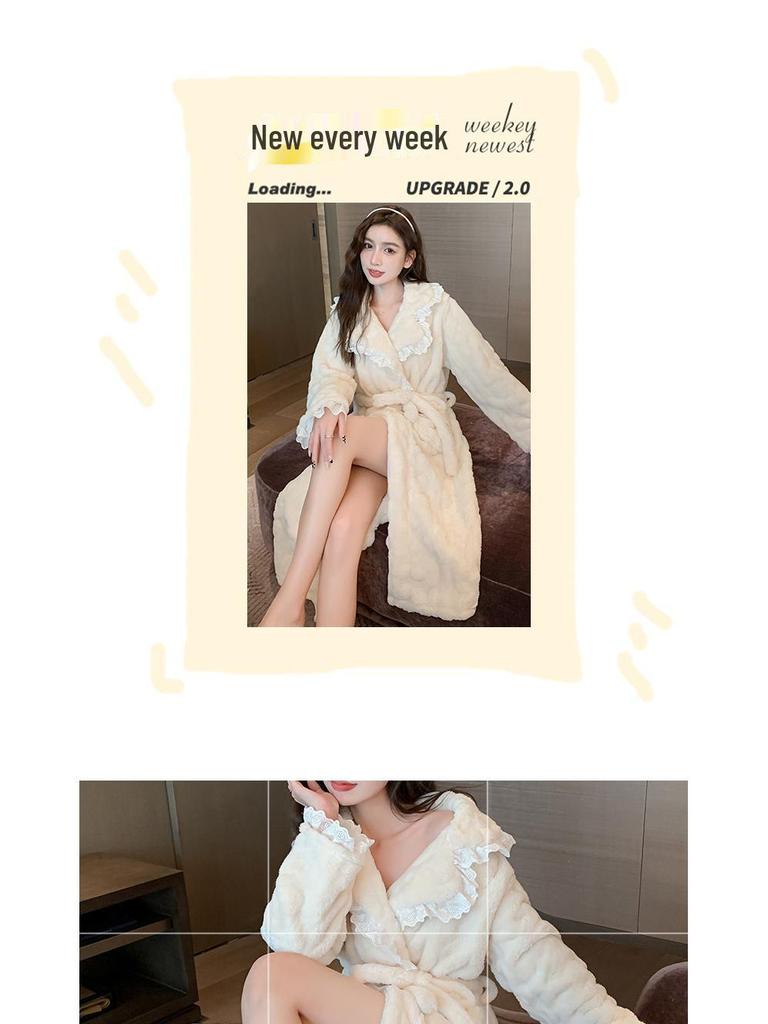 Корейская модная женская кружевная фланелевая ночная рубашка - плотная, теплая, зимняя пижама из кораллового флиса