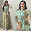Women's Printed Lapel Single Breasted Dress with Loose Large Hem Muslim Dress