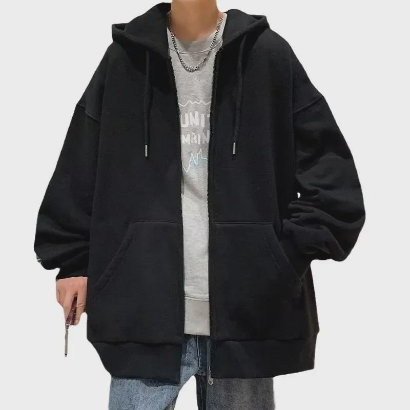 Мужской кардиган с капюшоном на молнии в корейском стиле — модная однотонная толстовка свободного кроя для осени и зимы