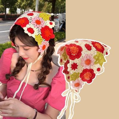 Вязаная треугольная повязка на голову во французском пасторальном стиле, повязка на голову с маленьким цветком, полотенце, ручная работа, вязаный крючком платок, шапка, весна-лето