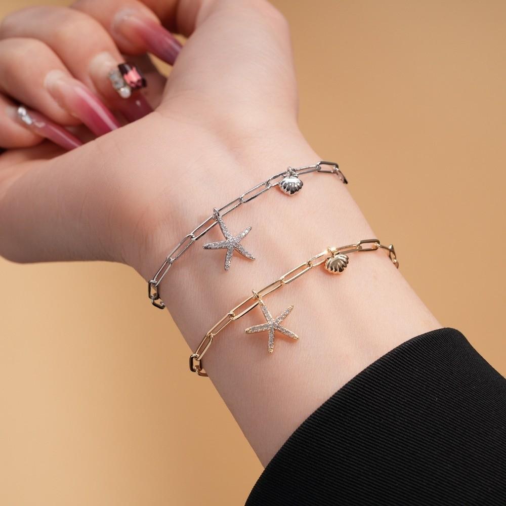 Copper Zircon Bohemian Shell Bangle Ornaments Beach Hand Chain Metal Shell Starfish Bracelet  Beach